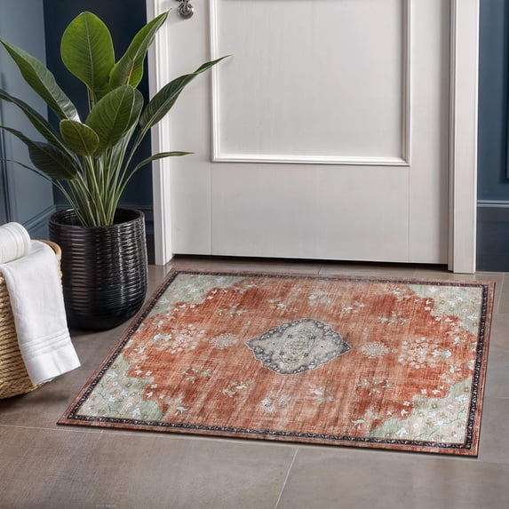 Beverly Rug Machine Washable Easy Cleaning Indoor Non-Slip Rugs Orange / Cream 2'x3'
