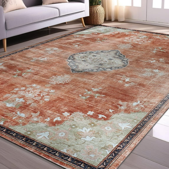Beverly Rug Machine Washable Easy Cleaning Indoor Non-Slip Rugs Orange / Cream 8'x10'