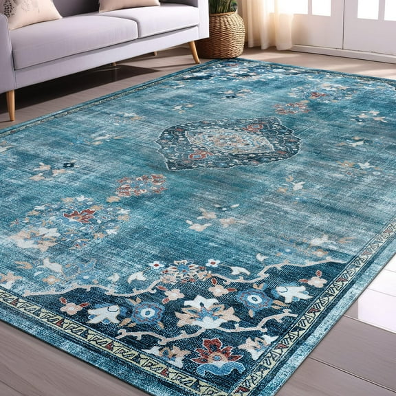 Beverly Rug Machine Washable Easy Cleaning Indoor Non-Slip Rugs Teal / Green 4'x6'