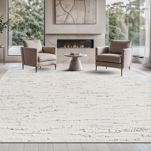 Beverly Rug Modern Micro Loop Geometric Brushstroke Non Shedding Area Rug White 9x12