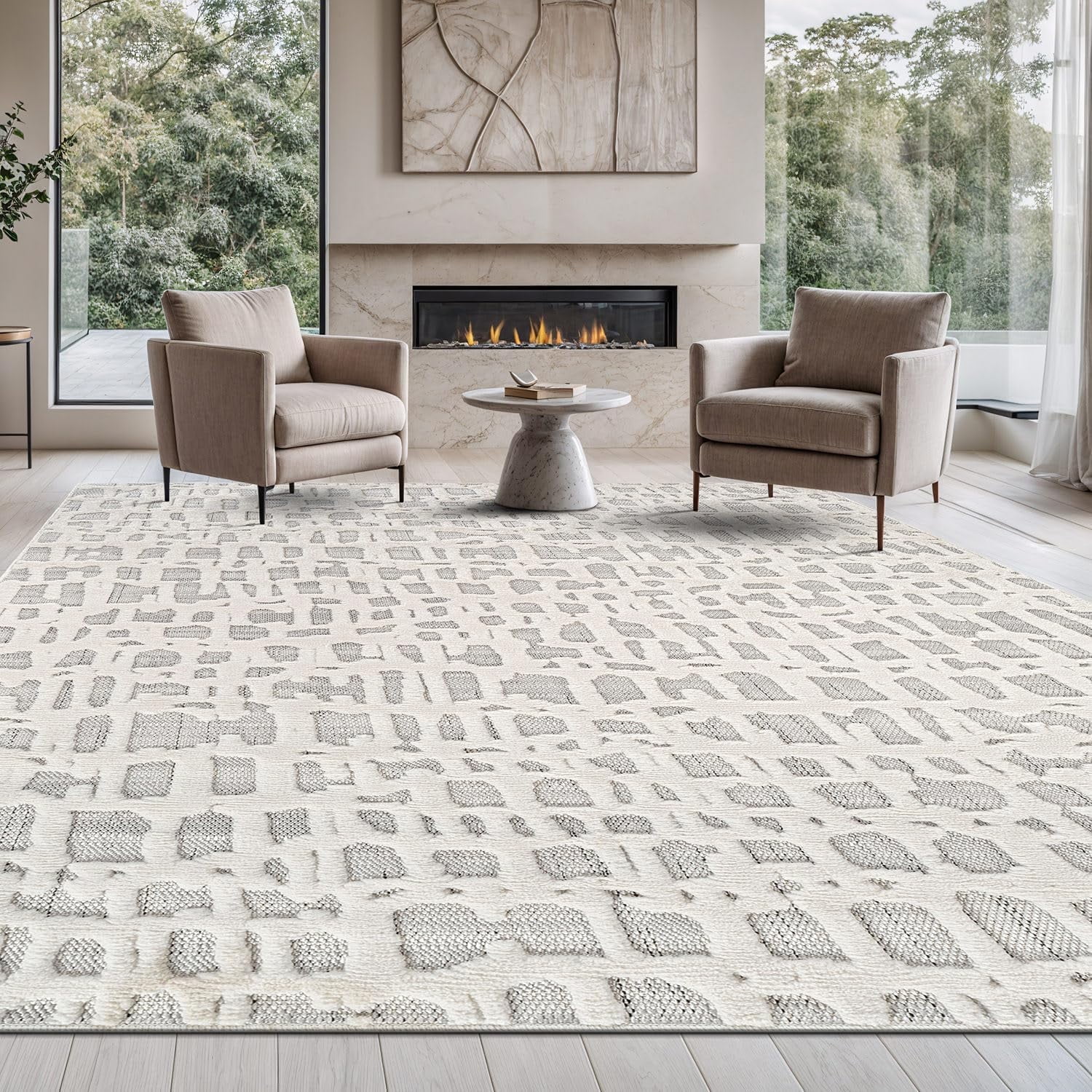 Gray and White Synthetic Flat Woven Rectangular Area Rug 5' x 7'