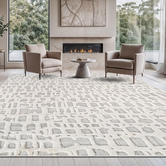 Beverly Rug Modern Micro Loop Geometric Grid Non Shedding Area Rug White 9x12