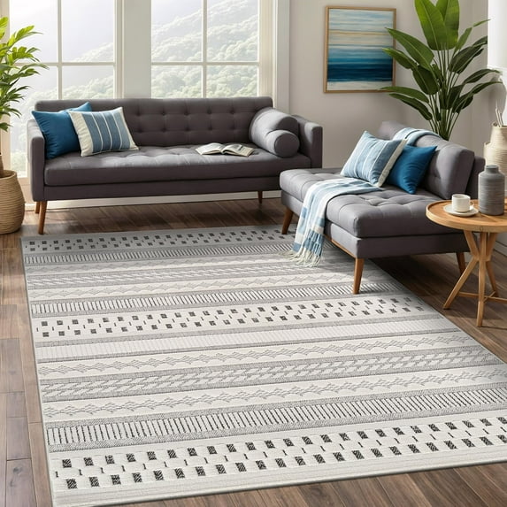 Beverly Rug Modern Micro Loop Geometric Striped Non Shedding Area Rug White 5x7