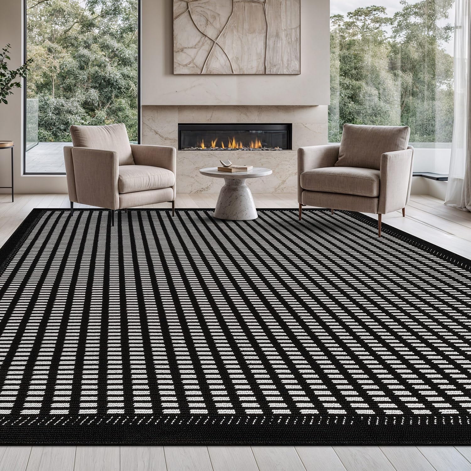 Black and White Geometric Synthetic Flat Woven Area Rug 5' x 7'