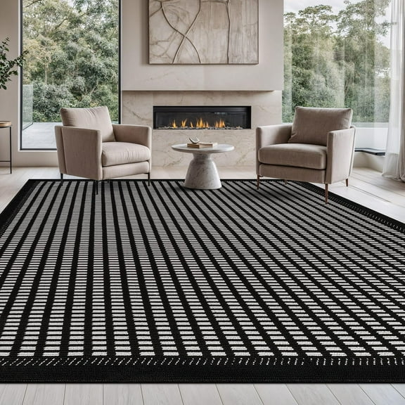 Beverly Rug Modern Micro Loop Geometric Zebra Non Shedding Area Rug Black 5x7