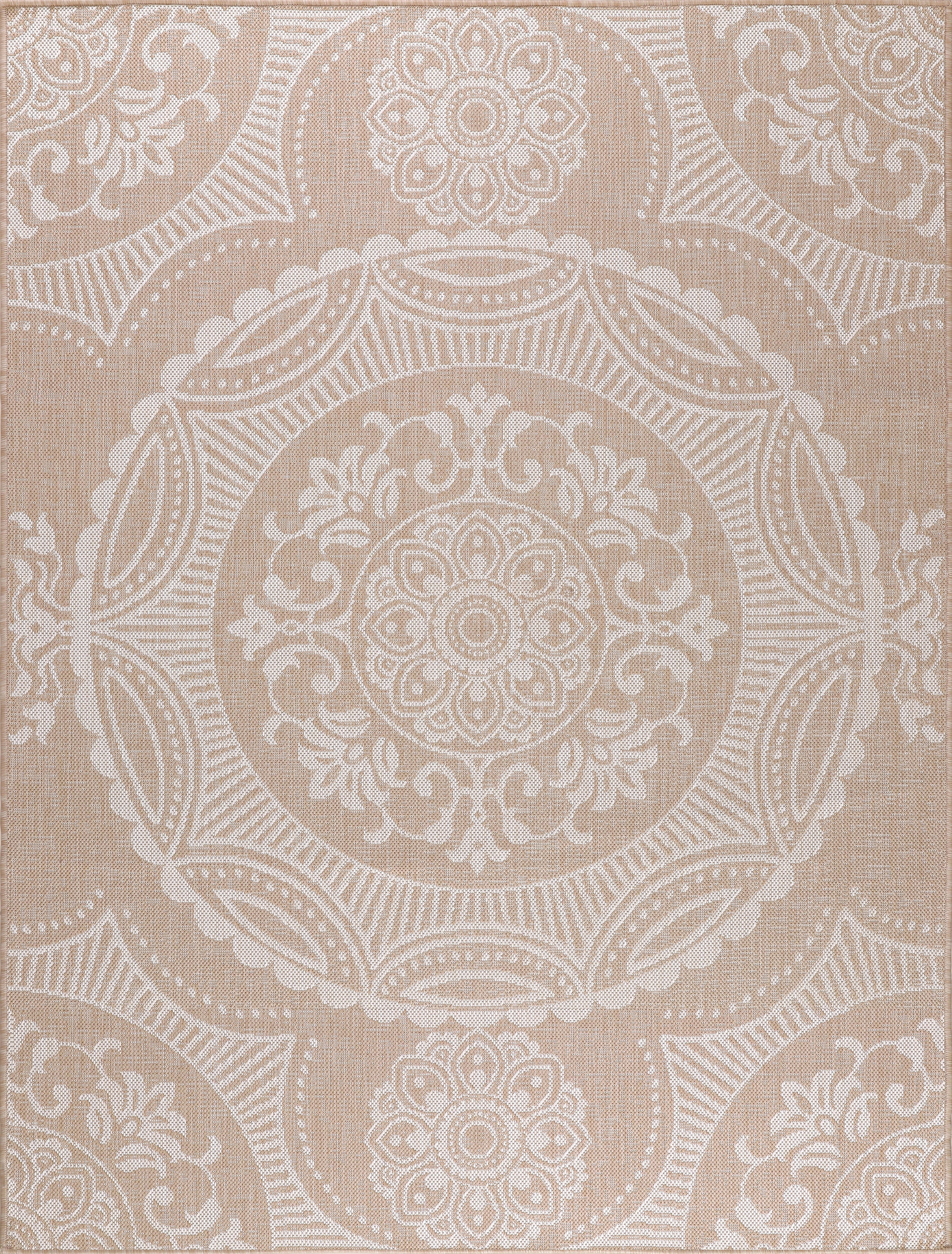 Beige and White Medallion Synthetic Indoor/Outdoor Rug 8' x 10'
