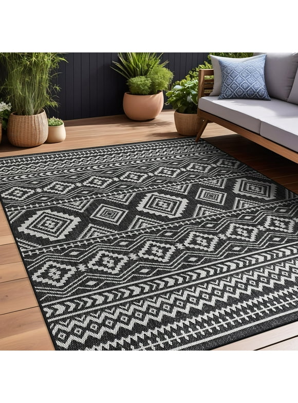 Beverly Rug Outdoor Area Rugs, Waterproof Patio Porch Garden Black and White, 9'x12'