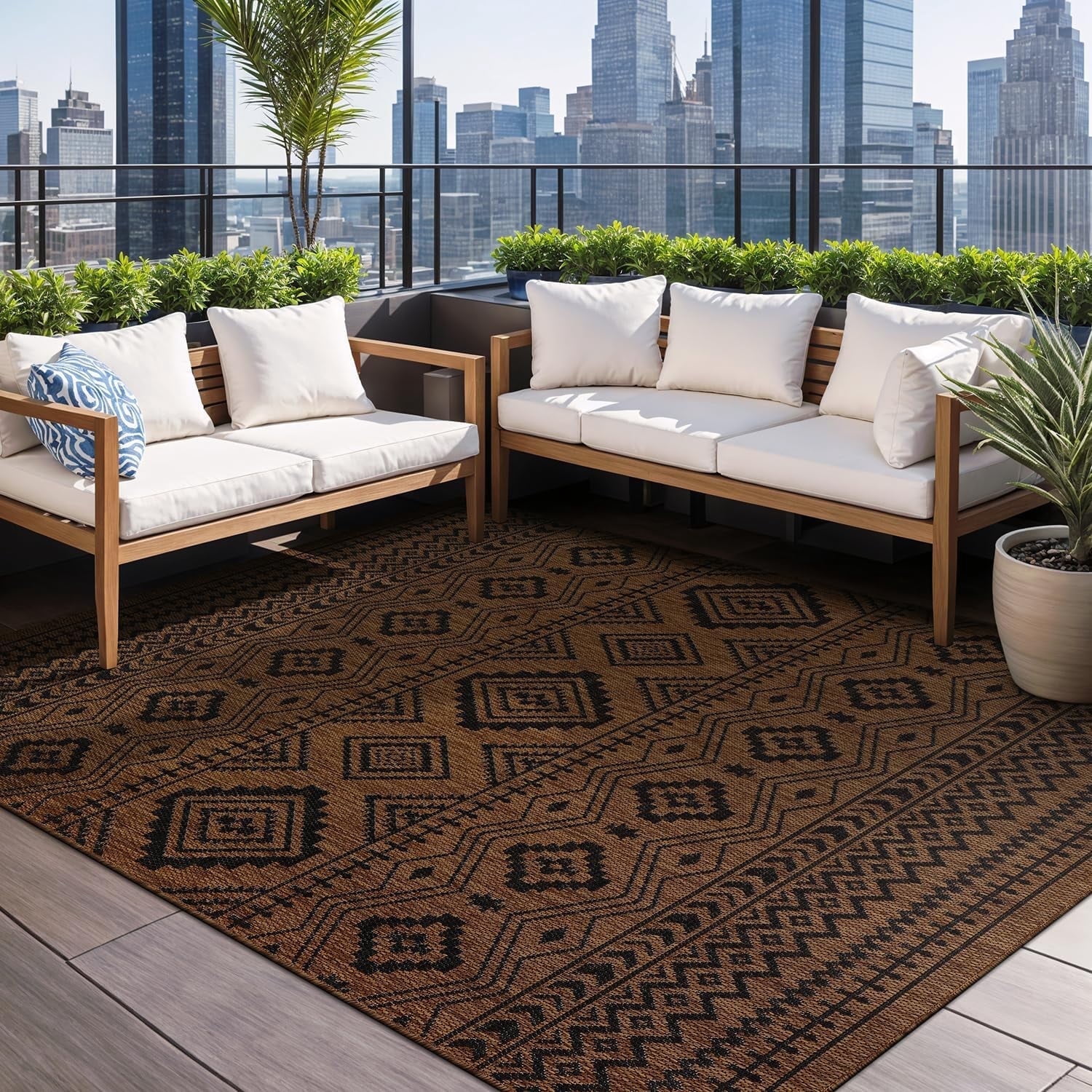 Beverly Rug Outdoor Area Rugs, Waterproof Patio Porch Garden Carpet, Nut Brown and Black, 10'x14'