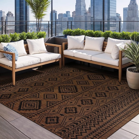 Beverly Rug Outdoor Area Rugs, Waterproof Patio Porch Garden Carpet, Nut Brown and Black, 10'x14'