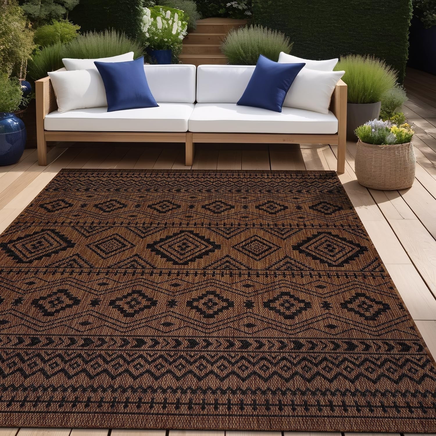 Beverly Rug Outdoor Area Rugs, Waterproof Patio Porch Garden Nut Brown and Black, 9'x12'
