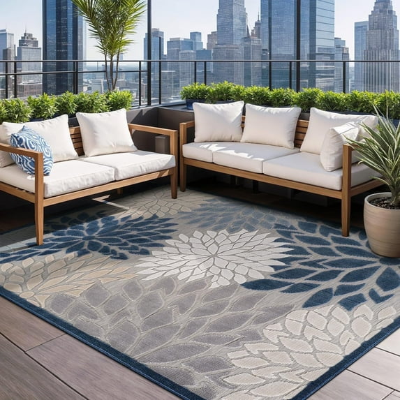 Beverly Rug Outdoor / Indoor Area Rugs Patio Porch Garden Carpet Blue / Beige 5'x7'