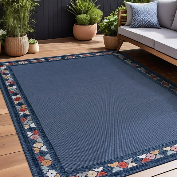 Beverly Rug Outdoor / Indoor Area Rugs Patio Porch Garden Carpet Bordered/Blue 5x7