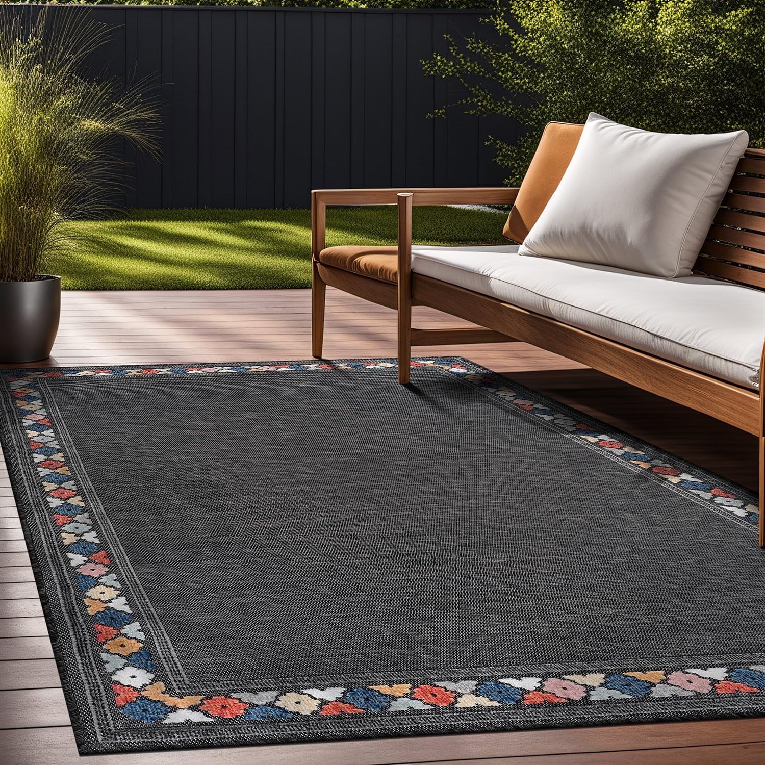 Beverly Rug Outdoor / Indoor Area Rugs Patio Porch Garden Carpet Bordered / Dark Gray 4x6