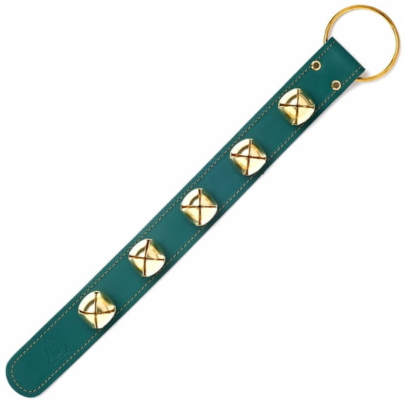 Bevin Bells Leather Sleigh Bell Strap | Five (1 ½”) Bells | Green/Brass | Door Hanger | Made of Steel | Sleigh Bells on Leather Strap | Sturdy Hanging Loop | Made in CT, USA