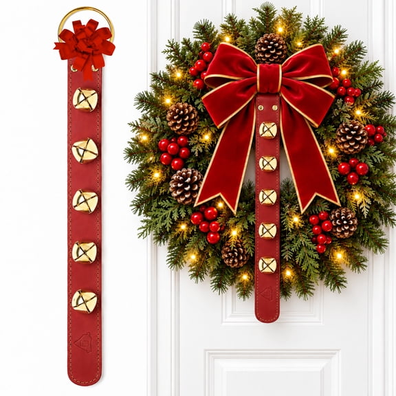 Bevin Bells Leather Sleigh Bell Strap | Five (1 ½”) Bells | Red/Brass | Door Hanger | Made of Steel | Sleigh Bells on Leather Strap | Sturdy Hanging Loop | Made in CT, USA