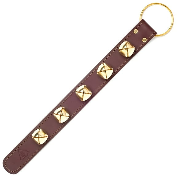 Bevin Bells Leather Sleigh Bell Strap | Five (1 ½”) Bells | Brown/Brass | Door Hanger | Made of Steel | Sleigh Bells on Leather Strap | Sturdy Hanging Loop | Made in CT, USA