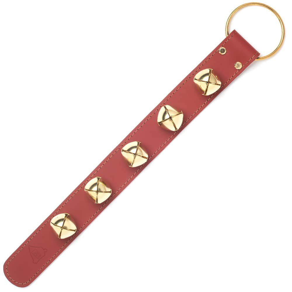 Bevin Bells Leather Sleigh Bell Strap | Five (1 ½”) Bells | Red/Brass | Door Hanger | Made of Steel | Sleigh Bells on Leather Strap | Sturdy Hanging Loop | Made in CT, USA