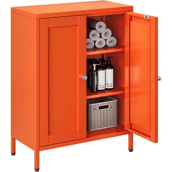 Bevivog Orange Metal Locker Cabinet with 2 Doors and 2 Adjustable Shelves, Small Accent Cabinet Bathroom Floor Storage Cabinets Short Sideboard for Entryway, Living Room, Hallway
