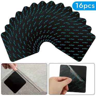Bevtee 16Pcs Non Slip Rug Grippers, Reusable Carpet Tape, Rug Corner Stickers, for Wood, Tile, Hardwood Floors, Square, 4 "x4 ", Black