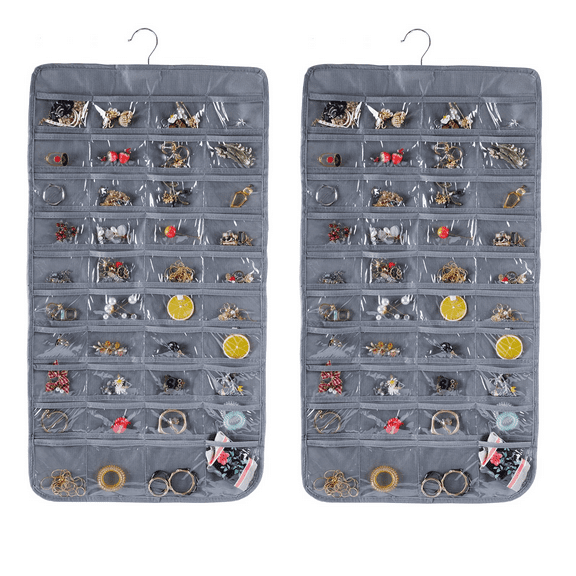 Bevtee 2 Pack Hanging Jewelry Organizer, 80 Pockets , Earring Holder Organizer for Women Girls, Gray