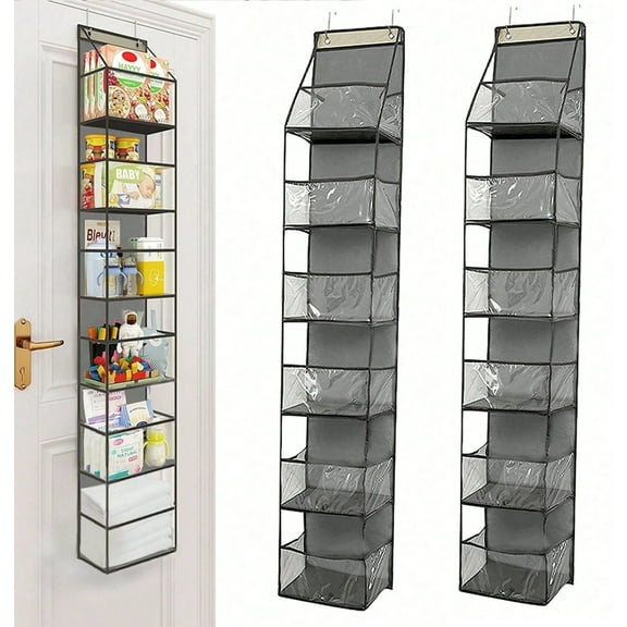Bevtee 2 Pack Over The Door Organizer, 6-Shelf Over The Door Pantry Organizer, Hanging Storage with Clear Plastic Pockets, Grey