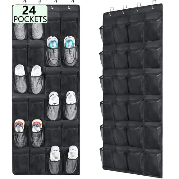 Bevtee 2 Pack Over The Door Shoe Organizer, 24 Mesh Pocket Back of Door Shoe Organizer with Hooks, Black