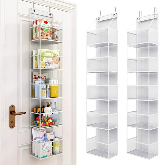 Bevtee 2 Pack over The Door Organizer, 5-Shelf over The Door Pantry Organizer, Hanging Storage with Clear Plastic Pockets, White