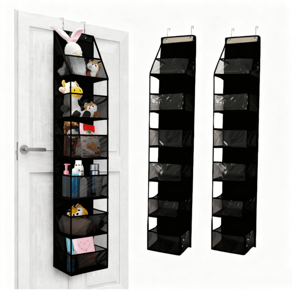 Bevtee 2 Pack over The Door Organizer, 6-Shelf over The Door Pantry Organizer, Hanging Storage with Clear Plastic Pockets, Black