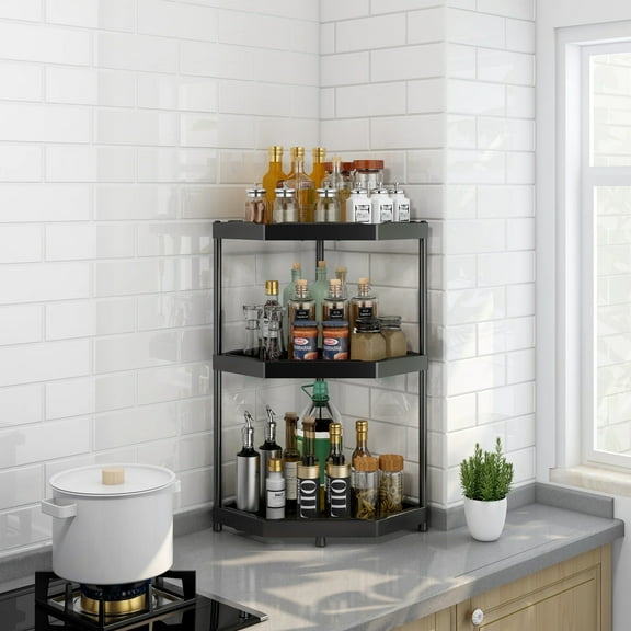 Bevtee 3 Tier Corner Shelf Stand, Black Bathroom Small Corner Standing Shelf , 9.7"x9.7"x27", Carbon Steel and Plastic