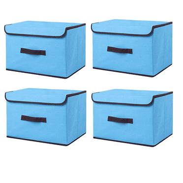 Bevtee 4 Pack Fabric Storage Bins with Lid, Large Foldable Storage Basket with Handles, Stackable, for Clothes, Shelf, Office, Blue