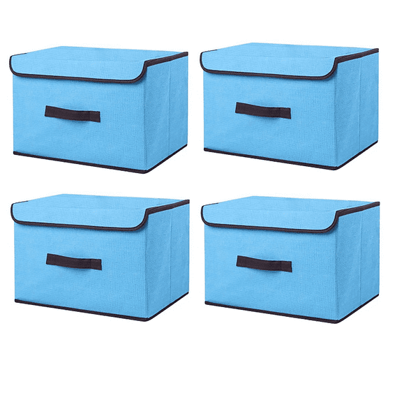 Bevtee 4 Pack Fabric Storage Bins with Lid, Large Foldable Storage Basket with Handles, Stackable, for Clothes, Shelf, Office, Blue