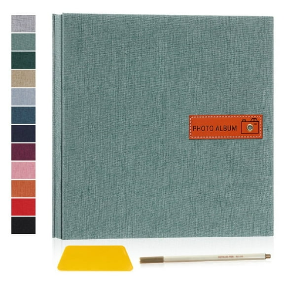 Bevtee 60 Pages Large Photo Album Self Adhesive 4x6 8x10 DIY Picture Scrapbook, with Pen and Plastic Board,Perfect for Moms, Families, Babies, and Weddings, Green, 11.5" x 10.6"