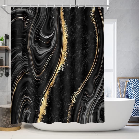 Bevtee Black and Golden Marble Shower Curtains Set with Hooks, Washable Fabric Bathroom Shower Curtains, Waterproof , 72" x 72"