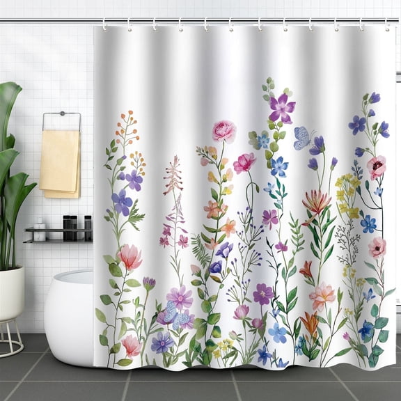 Bevtee Colorful Floral Shower Curtain, Bathroom Fabric Plant Shower Curtain Set, Flower Polyester Shower Curtain with 12 Hooks, Waterproof, 72” x 72”