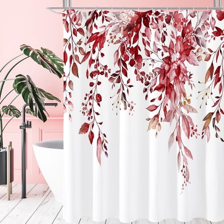 Bevtee Fabric Red Eucalyptus Shower Curtains, Plant Leaves Shower Curtains for Bathroom, with 12pcs Hooks, Weighted Hem,72" x 72"