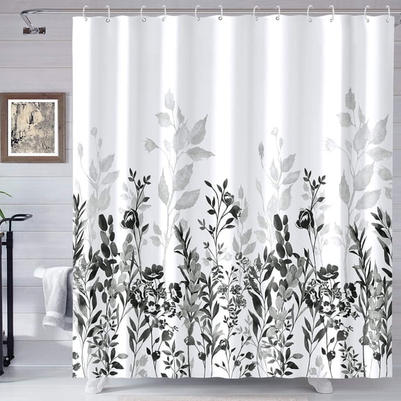 Bevtee Fabric Shower Curtain, Black and Grey Floral Bathroom Shower Curtains with Hooks, 72" W x 72” H
