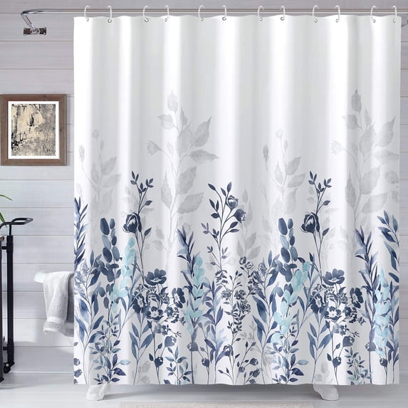 Bevtee Fabric Shower Curtain, Blue and Grey Floral Bathroom Shower Curtains with Hooks, 72" W x 72” H