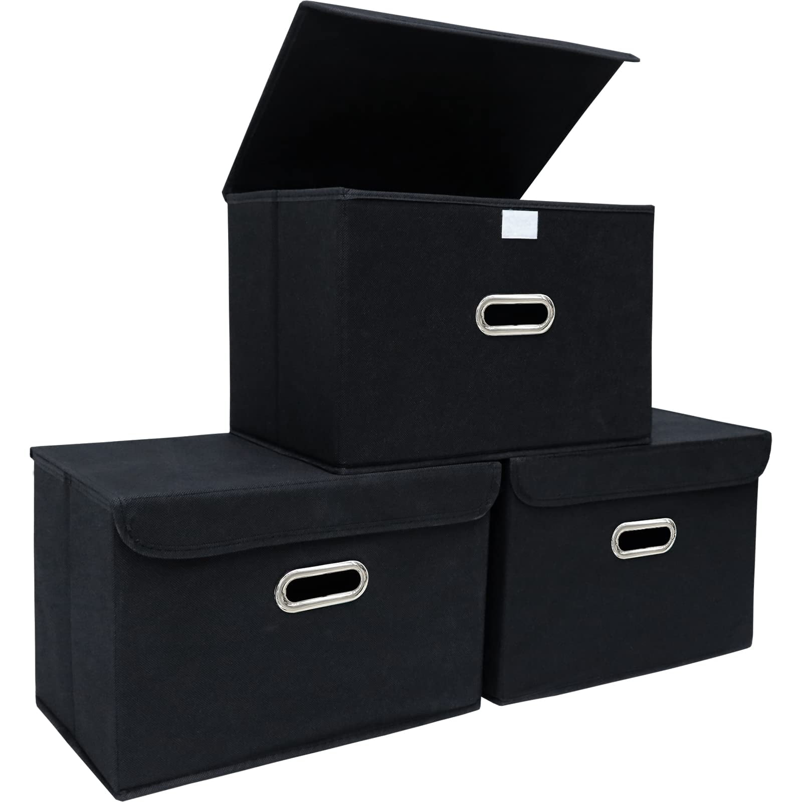 Bevtee Fabric Storage Bins with Lids, 3pc Storage Basket, Collapsible Cube Organizer Container, Metal Handles, for Bedroom, Closet, Black