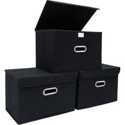 Bevtee Fabric Storage Bins with Lids, 3pc Storage Basket, Collapsible Cube Organizer Container, Metal Handles, for Bedroom, Closet, Black