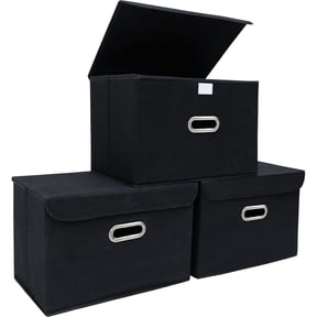 Bevtee Fabric Storage Bins with Lids, 3pc Storage Basket, Collapsible Cube Organizer Container, Metal Handles, for Bedroom, Closet, Black