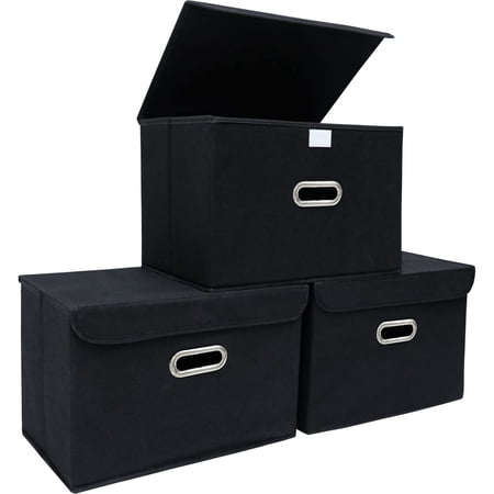 Bevtee Fabric Storage Bins with Lids, 3pc Storage Basket, Collapsible Cube Organizer Container, Metal Handles, for Bedroom, Closet, Black