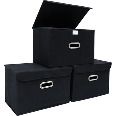 Bevtee Fabric Storage Bins with Lids, 3pc Storage Basket, Collapsible Cube Organizer Container, Metal Handles, for Bedroom, Closet, Black