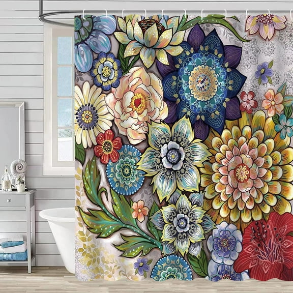 Bevtee Floral Fabric Shower Curtain, Bathroom Shower Curtain Sets, Boho Flower Shower Curtain with 12 Hooks , 72” x 72”