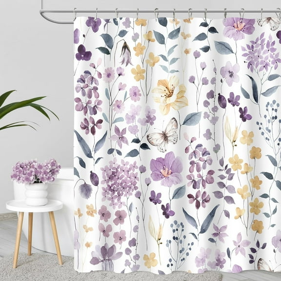 Bevtee Floral Fabric Shower Curtain, Purple Flower Shower Curtain with 12 Hooks, Waterproof, 72" x 72"