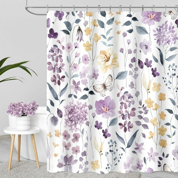 Bevtee Floral Fabric Shower Curtain, Purple Flower Shower Curtain with 12 Hooks, Waterproof, 72" x 72"