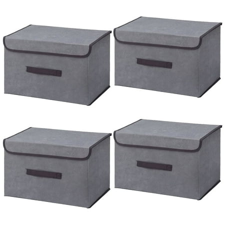 Bevtee Foldable Storage Bins with Lids, 4 Pcs Large Toy Chest, Stackable Fabric Closet Organizer Bins with Handle, Collapsible Cube Storage Basket Box, Gray