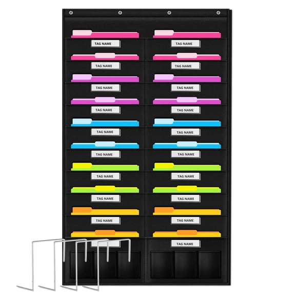 Bevtee Hanging File Holder Organizer, Wall Storage 20+6 Pocket Chart File Organizer, 20 Tags, 4 Hooks, for School, Classroom, Home or Office, Black