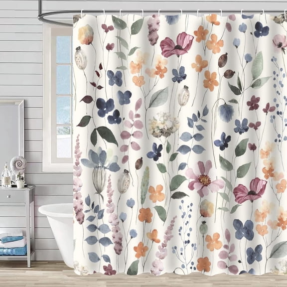 Bevtee Ink Floral Fabric Shower Curtain, Bathroom Shower Curtain Sets, Colorful Flower Shower Curtain with 12 Hooks , 72” x 72”