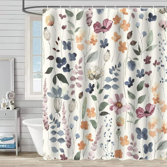 Bevtee Ink Floral Fabric Shower Curtain, Bathroom Shower Curtain Sets, Colorful Flower Shower Curtain with 12 Hooks , 72” x 72”