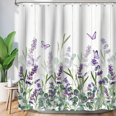 Bevtee Lavender Shower Curtain, Bathroom Fabric Purple Butterfly Shower Curtain Set, Floral Shower Curtain with 12 Hooks, Waterproof, 72” x 72”